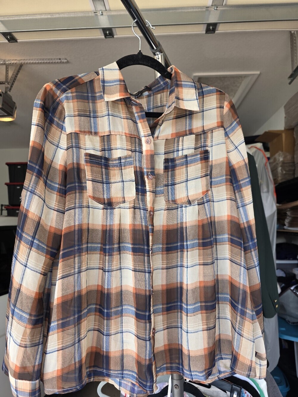 Honey Punch Plaid Button-Up Shirt in Cream, Blue & Rust Size Large - Picture 2 of 5